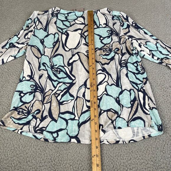 Chicos EasyWear Blouse Womens XL 3 Blue Gray Floral 3/4 Sleeve Knit Top Stretch - Picture 5 of 9
